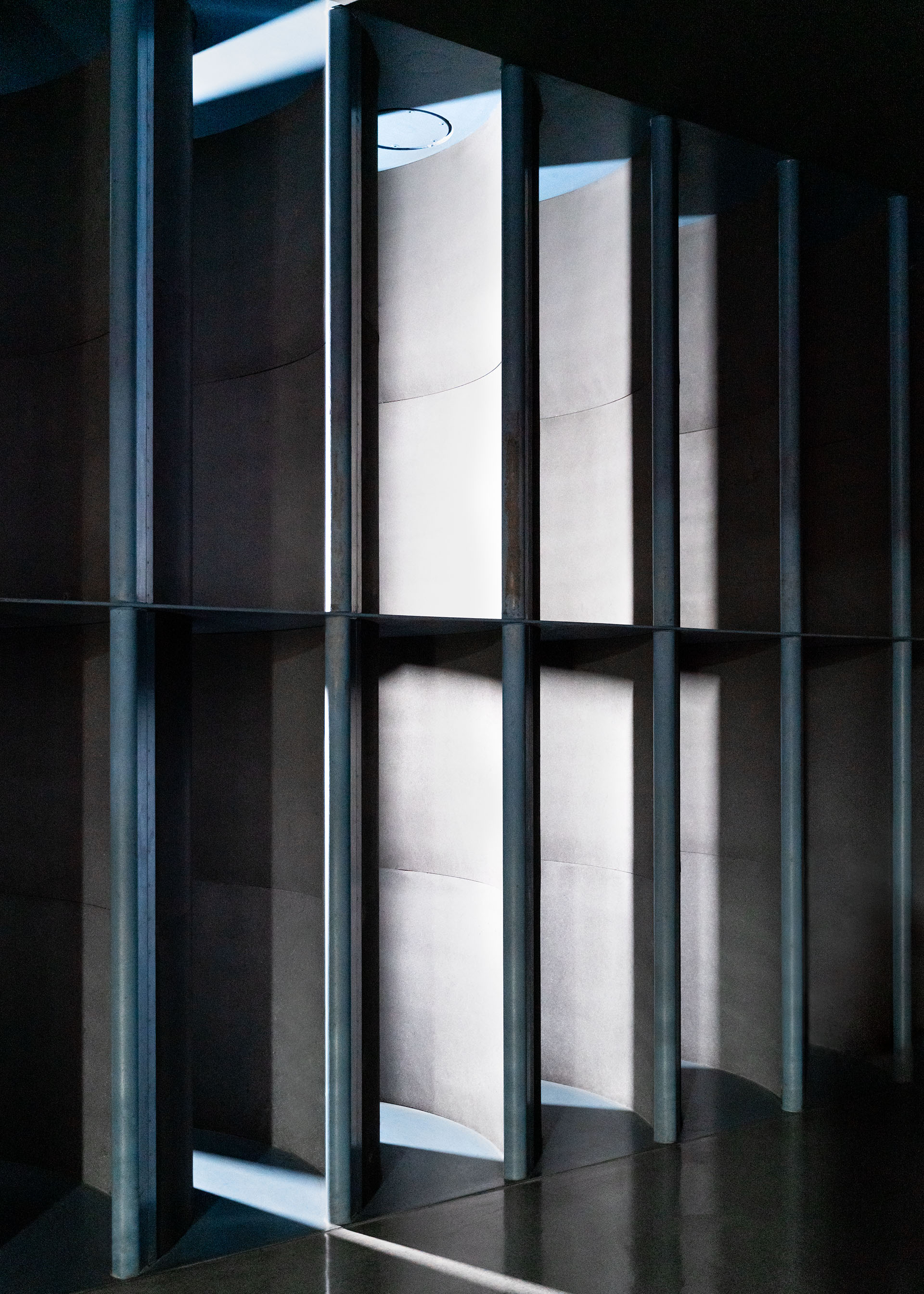 Light coming through the vertical turning vanes in the Audi aeroacoustic wind tunnel. 