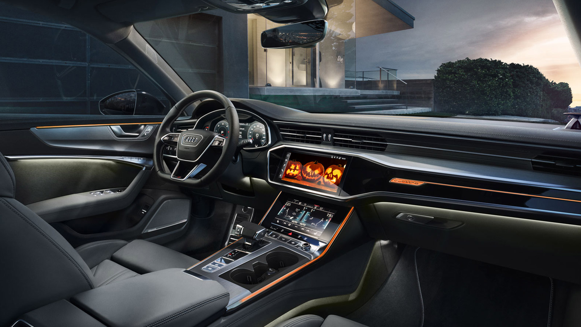 An Audi MMI interior lighting theme that looks like a forest shown within an Audi vehicle.